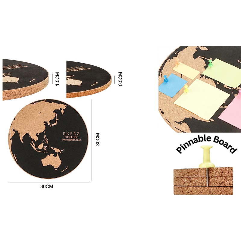 EXERZ 30cm World Map Notice Board 3 Pack Cork Memo