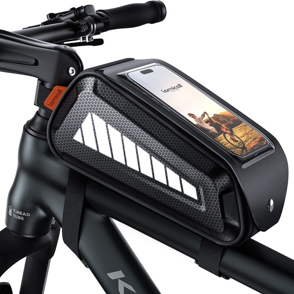Lamicall Waterproof Bike Frame Bag - [Linkage Zipper] 2023 Bicycle Phone Bag with Reflective Strip, 1.8L Capacity Crossbar Top Tube Bag for Mountain Bike Cycling, TPU Screen for Mobile Phones up to 7”