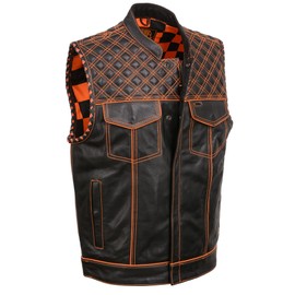 Milwaukee Leather Men's Black Club Style Leather Vest Accented w/Checkered Shoulders, Armhole Trim (as1, alpha, 3x_l, regular, regular, Black/Orange)
