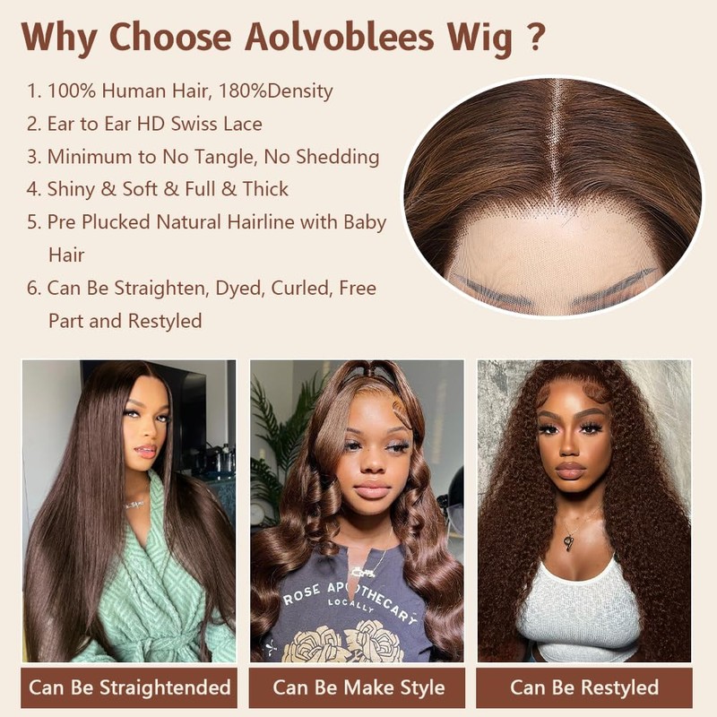 Aolvoblees 28 Inch Chocolate Brown Body Wave Human Hair Wig