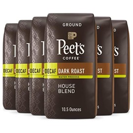 Peet's Coffee, Dark Roast Ground Coffee - Decaf House Blend 63 Ounces (6 Bags of 10.5 Ounces)