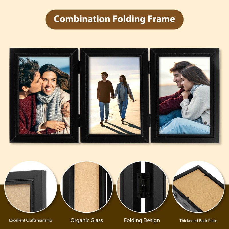 Triple Photo Frame 4x6 Hinged Folding Wood Picture Frame with