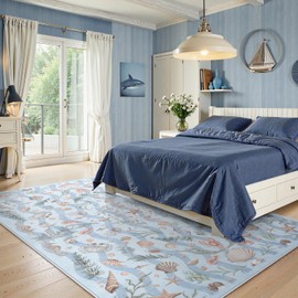 LIVEBOX Vintage Coastal Machine Washable 5x7 Area Rugs for Living Room, Non Slip Soft Low Pile Farmhouse Ocean Beach Kids Rugs for Bedroom Indoor, Carpet Rugs for Dining Room(Light Blue,5x7ft)