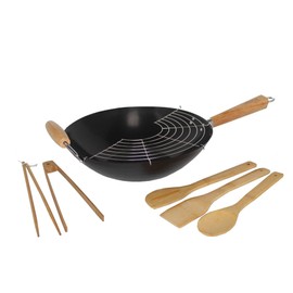 IMUSA 7pc Carbon Steel Nonstick Wok Set with Bamboo Kitchen Tools, Black