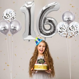 Number 16 balloons Silver，16 Balloons Birthday Boy Girl,40Inch Foil Number 1 & 6 Balloons with 6 Silver Metal and Confetti Helium Balloons for 16th 61th Year Old Birthday Decorations