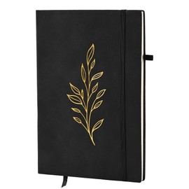 ZQZYMXQ A5 Lined Notebook Journal for Women Men, 200 Pages, Leaf Leather Hardcover Notebooks for Work Note Taking (Black)