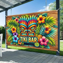 BlissYard Tiki Bar Banner Backdrop Poster Tropical Luau Hawaiian Pineapple Hibiscus Palm Leaf Wood Wall Decor Party Photo Booth Indoor Outdoor 71×43 Inch