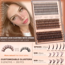 CORUSCATE Brown Lash Clusters with Spikes 60D80D Cluster Eyelash Extensions 12-22mm DIY Spiky Individual Lashes Mega Eyelash Clusters Volume Mink Strip Cluster Lashes