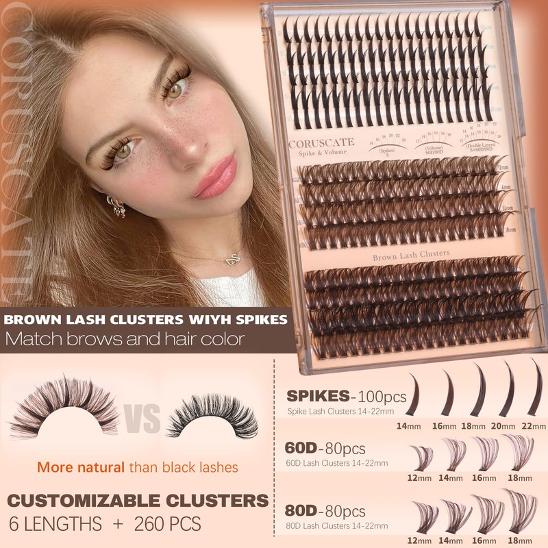 CORUSCATE Brown Lash Clusters with Spikes 60D80D Cluster Eyelash Extensions