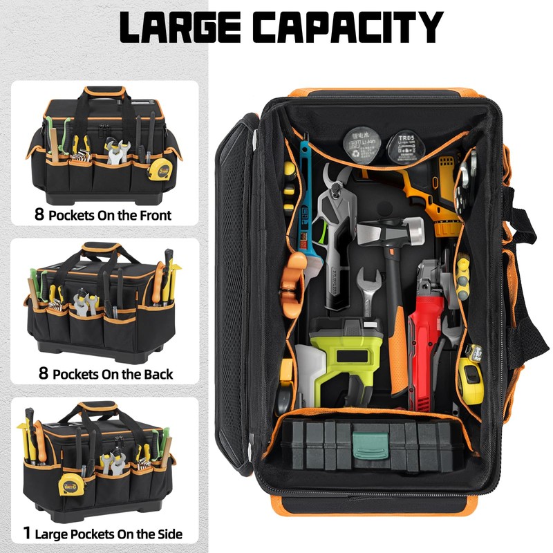 16 Inch Tool Bag with Waterproof Hard Bottom, Large Multi-Pockets