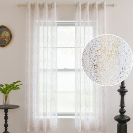 TERLYTEX White Gold Sheer Curtains 84 Inches Long, Metallic Gold Foil Spots Design Sparkle Sheer Curtains for Living Room, Privacy Grommet Shimmer Sheer Curtains 2 Panels Set, 52 x 84 Inch, White Gold