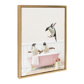 Kate and Laurel Sylvie Penguins Playing in Cottage Rose Bath Framed Canvas Wall Art by Amy Peterson Art Studio, 18x24 Gold, Modern Fun Decorative Bathtub Wall Art for Home Décor