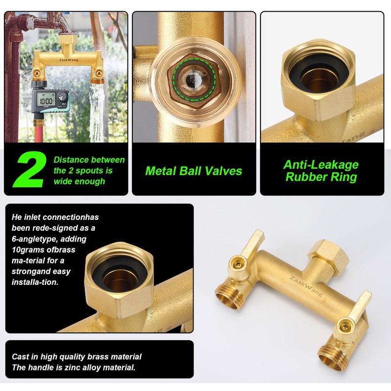 Hose Splitter 2 Way, Heavy Duty Brass Garden Hose Splitter,