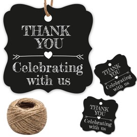 Thank You for Celebrating with Us Tags, 100Pcs Cool Black Thank You Tags for Wedding Birthday Baby Shower Party Favors, Paper Gift Tags with 100 Feet Jute String