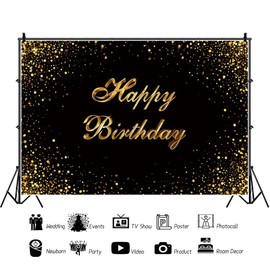 Ttincceer 180 x 120 cm Happy Birthday Background Golden Dots Sparkling Black Photography Background Birthday Party Decoration Banner Baby Shower Photography Background