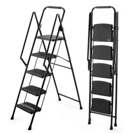 neolun Enhance Safety and Convenience with 5-Step Folding Ladder Stool, Lightweight Steel Frame with Anti-Slip Pedals, Portable for Home Use, Black