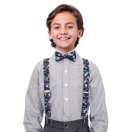 Juego de tirantes florales y pajarita de algodón preatado y tirantes ajustables para niños, desde niños hasta adolescentes, 01, M - (6-12 years, ＜5 feet)