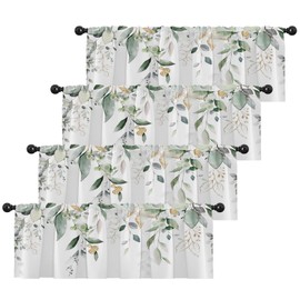 Emvency 4 Pack Valances Window Treatments, Green Eucalyptus Leaves Summer Blackout Adjustable Valances for Living Room Bathroom Bedroom Kitchen Over Sink, 18x52 Inch Rod Pocket