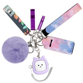 Keychain Set for Woman with Personal Alarm, Funseeya Keychain Accessories with Personal Sound Siren, Card Puller, Wristlet Strap, Lipstick Holder, Cute Pom Pom, Bottle Opener and Whistle