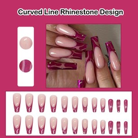ANDGING French Tip Press on Nails Coffin Long Fake Nails with Curved Line Rhinestone Design Gel Glue on Nails for Women Girls Acrylic False Nails with Glue Stick on Nails for Wedding Birthday 24Pcs