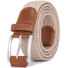 Glamicci Elastic Braided Belt, Stretch Woven Belt for Golf Pants 1 3/8" (34mm Aprox) | Mens Casual Braided Belts in a Gift Box Style-23 (Beige, S: 30-32”Waist -Strap 100cms/39”)