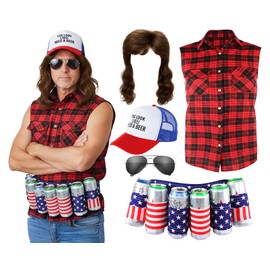 Mepase Blonde Mullet Wig 80s Costumes for Men Rock Disco Star Costume Plaid Shirt Sunglasses Vintage Hat and Beer Belt(L)
