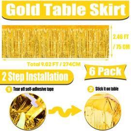 6 Pack 29x108 Inch Metallic Foil Fringe Tinsel Table Skirts Banner for Rectangle Tables Streamer Garland Curtains Backdrop for Wedding, Birthday, Parade Floats, Christmas Party Decoration(New Gold)