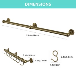 ROTHLEY Stainless Steel Hanging Pot Rack Hanger: 23.7 Inch Pot and Pan Hanger Wall Mounted Hanging Pot Bar Rack Heavy Duty Pot Hangers Kitchen Rail with 8 S Hooks (Antique Brass)