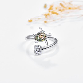 PRAYMOS Turtle Rings 925 Sterling Silver Natural Abalone Shell Adjustable Open Thumb Ring for Women Animal Sea Turtle Jewelry for Women