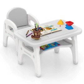 Costway Kids Table and Chair Set w/Cute Dinosaur Modeling Storage Rack & Building Blocks