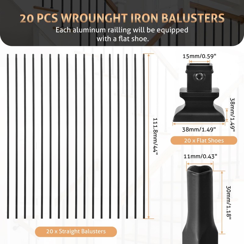 WICHEMI 20 Pack Balusters for Staircase Interior, 44" x1/2" Stair
