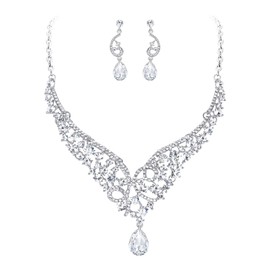 EVER FAITH Women's Jewellery Set Crystal Wedding Flowers Wave Teardrop V-shaped Necklace Earrings Set Clear Silver Tone, Crystal