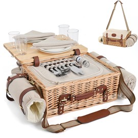 Multifunctional Wicker Picnic Basket Set for 4 with Blanket and Picnic Table, Insulated Picnic Set with Full Tablewares for Camping Outdoor Couples,Natural