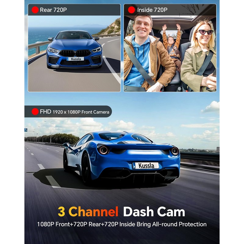 Kussla 3 Channel Dash Cam Front and Rear Inside, 1080P