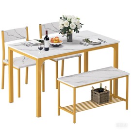 soges 4-Piece Dining Table Set with Bench - 4 Person Kitchen Table and 2 Chairs for Small Spaces, Apartment - Metal Frame & Woodgrain Tabletop, Space-Saving Design, Durable & Easy to Clean, Gold