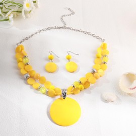 Xalroco Yellow Layered Beads Statement Necklace for Women Big Colorful Glass Stone Circle Shell Pendant Necklace and Earring Set for Women(yellow)