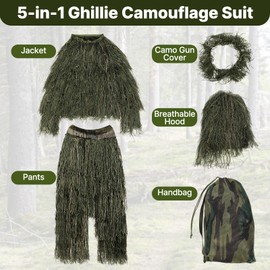 SETLUX Ghillie Suit for Men, 5 in 1 3D Camouflage Hunting Suits Camo Hunting Clothes for Adults, M/L/XL/XXL, Woodland or Desert woodland-M/L