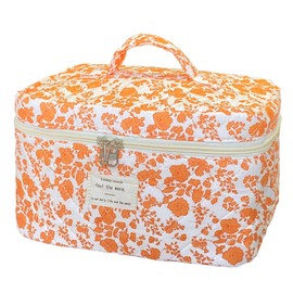 WYJ Orange Large Quilted Floral Makeup Bag Cute Soft Coquette Aesthetic Cosmetic Bag Cotton Travel Toiletry Bag for Women