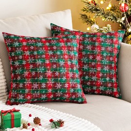 Pack of 2 Christmas Plaid Decorative Throw Pillow Covers Snowflake Tartan Scottish Cushion Cover for Sofa Couch Farmhouse Holiday Decor Red and Green, 18x18 Inch