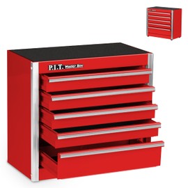 P.I.T. Mini Red Tool Box, Portable 3 Drawer Steel Stackable Tool Box with Magnetic Tab Locking, Red Micro Top Chest with Liner for Tools Storage and Organizers, Home DIY