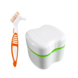 Denture Container with Strainer, Denture Box and Denture Cleaning Brush Set, Prosthesis Box Storage Box for Braces and False Teeth [Apple Green]