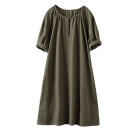 Minibee Women's Cotton Linen Dress Short Sleeve Midi Casual Tunic Dress with Pockets (2XL, Army Green)