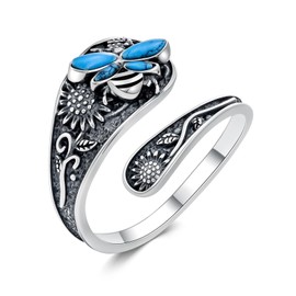 JKR Bee Ring for Women Sterling Silver Turquoise Spoon Rings Boho Adjustable Thumb Ring Vintage Jewelry Anniversary Birthday Christmas Gift for Wife Her Mother Girlfriend