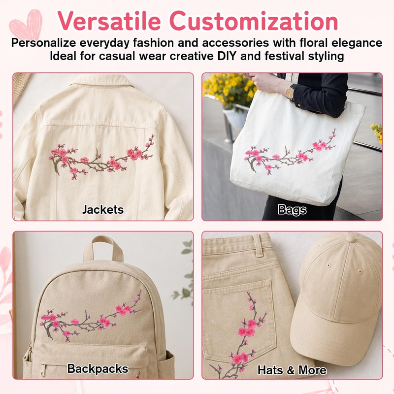 3PCS Cherry Blossom Iron on Patch Embroidered Floral Cherry Blossom