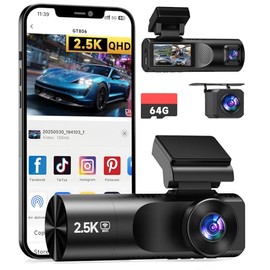 TUIFAC 3 Channel Dash Cam, Dash Cam 2.5K Front and Dual 1080P Inside/Rear with 64GB SD Card, Wi-Fi Dash Camera for Cars with Night Vision, G-Sensor, 24H Parking Mode, 1.97”IPS, Support 256GB