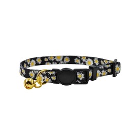 Olahibi Breakaway Cat Collar, Floral Pattern, Safe Release Buckle, Clear Bell, Polyester Material, for Adult Cats.(Black Daisy)