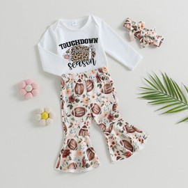 SAYOO Newborn Baby Girl Football Outfit Letter Print Romper Rugby Bell Bottom Pants Bows Fall Coming Home Flare Outfit (White Brown, 0-3 Months)