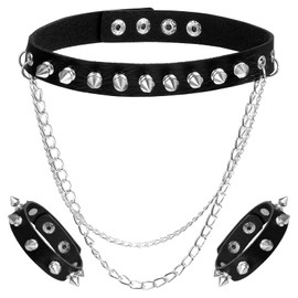 Quilax Punk Accessories Set, 1 Spike Choker & 2Pcs Spiked Bracelets, Black Studded Bracelet for Women, PU leather Punk Bracelet Gothic Rivet Collar Wristbands, Emo Jewelry for Rocker Outfits