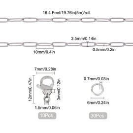 SUNNYCLUE 16.4 Feet / 5 m Paper Clip Chain Spool Stainless Steel Silver Paper Clip Chains Roll 30 Open Jump Rings 10 Lobster Clasps for Jewellery Making Accessories Men Women DIY Crafts