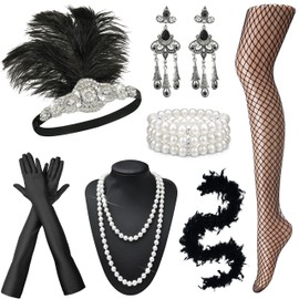 EIELO 1920s Great Gatsby Accessories Set for Women Faux Fur Shawl Wrap Headpiece Headband Flapper Costume Accessories